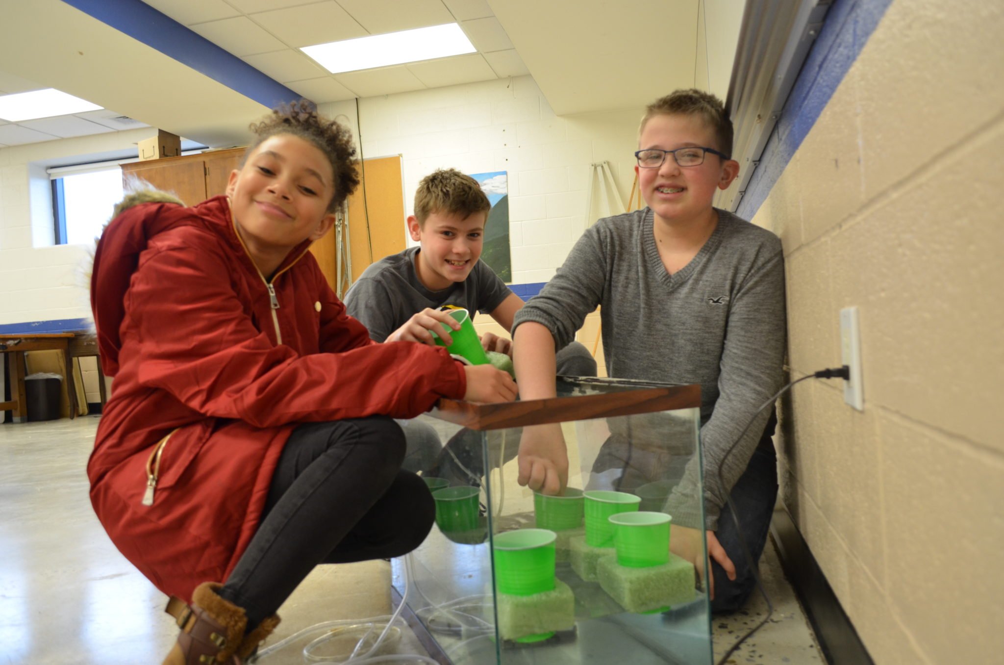 students cleaning a fish tank