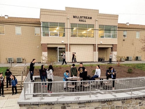 Millstream Hall entrance with students outside