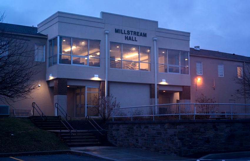 millstream hall entrance at twilight