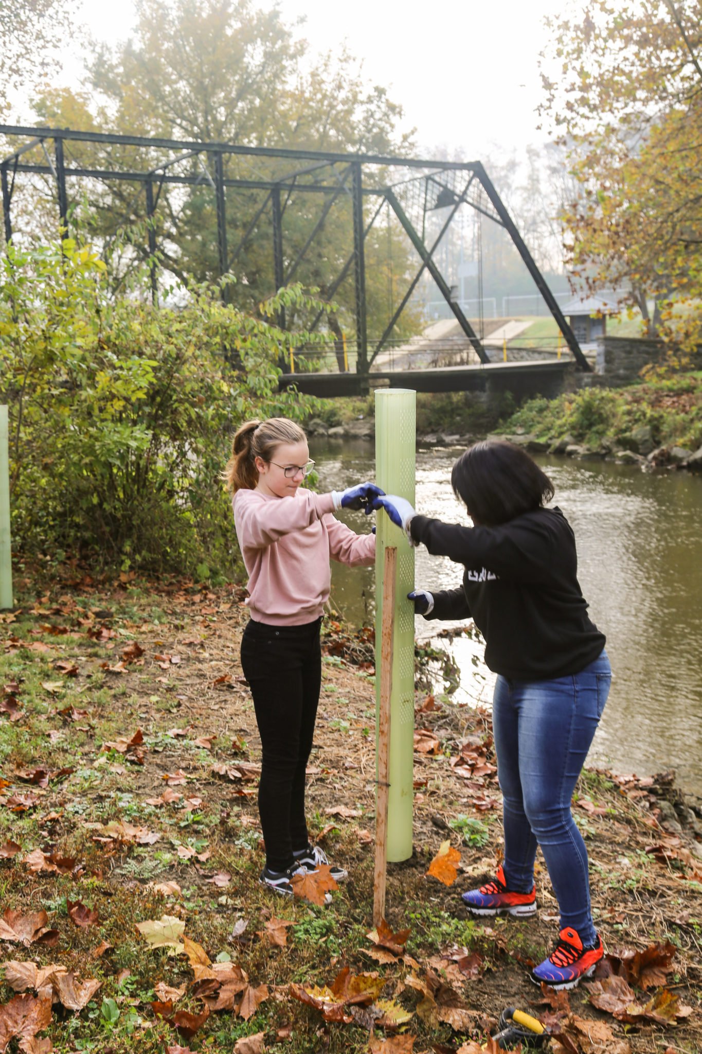 student planting trees on mill stream