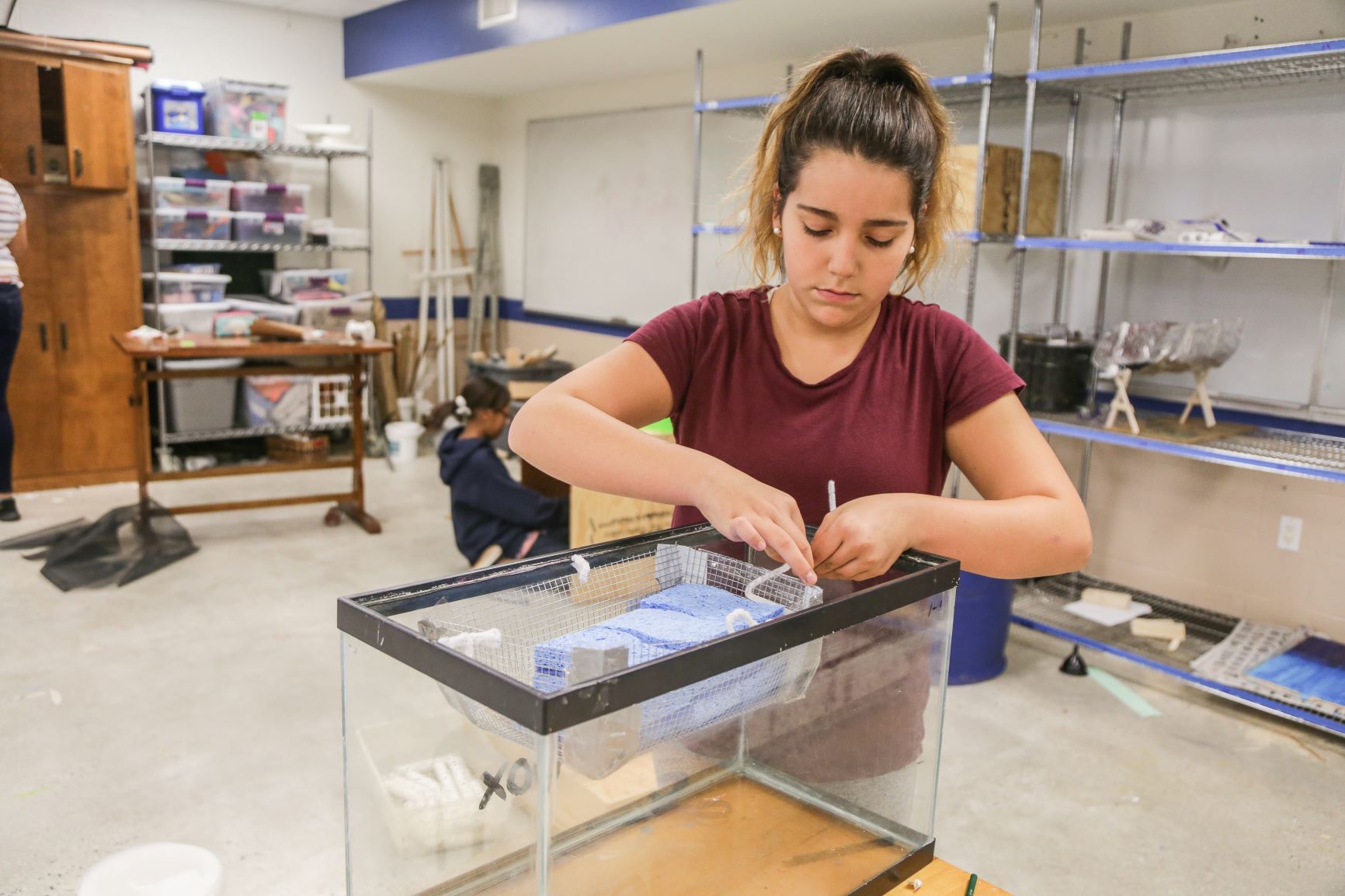 student working on fish tank