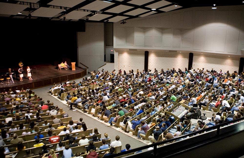 fine arts center full of students