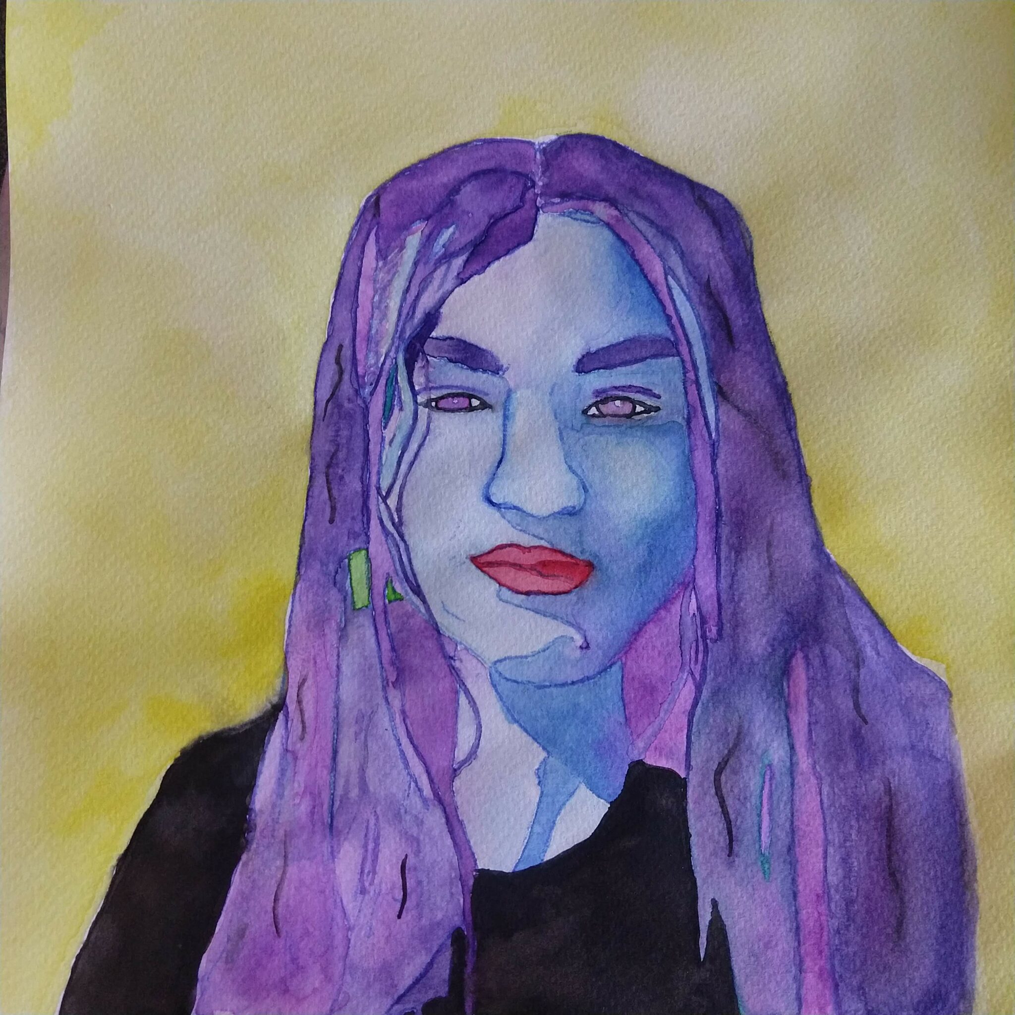 Painting of a person with bright colors and purple hair