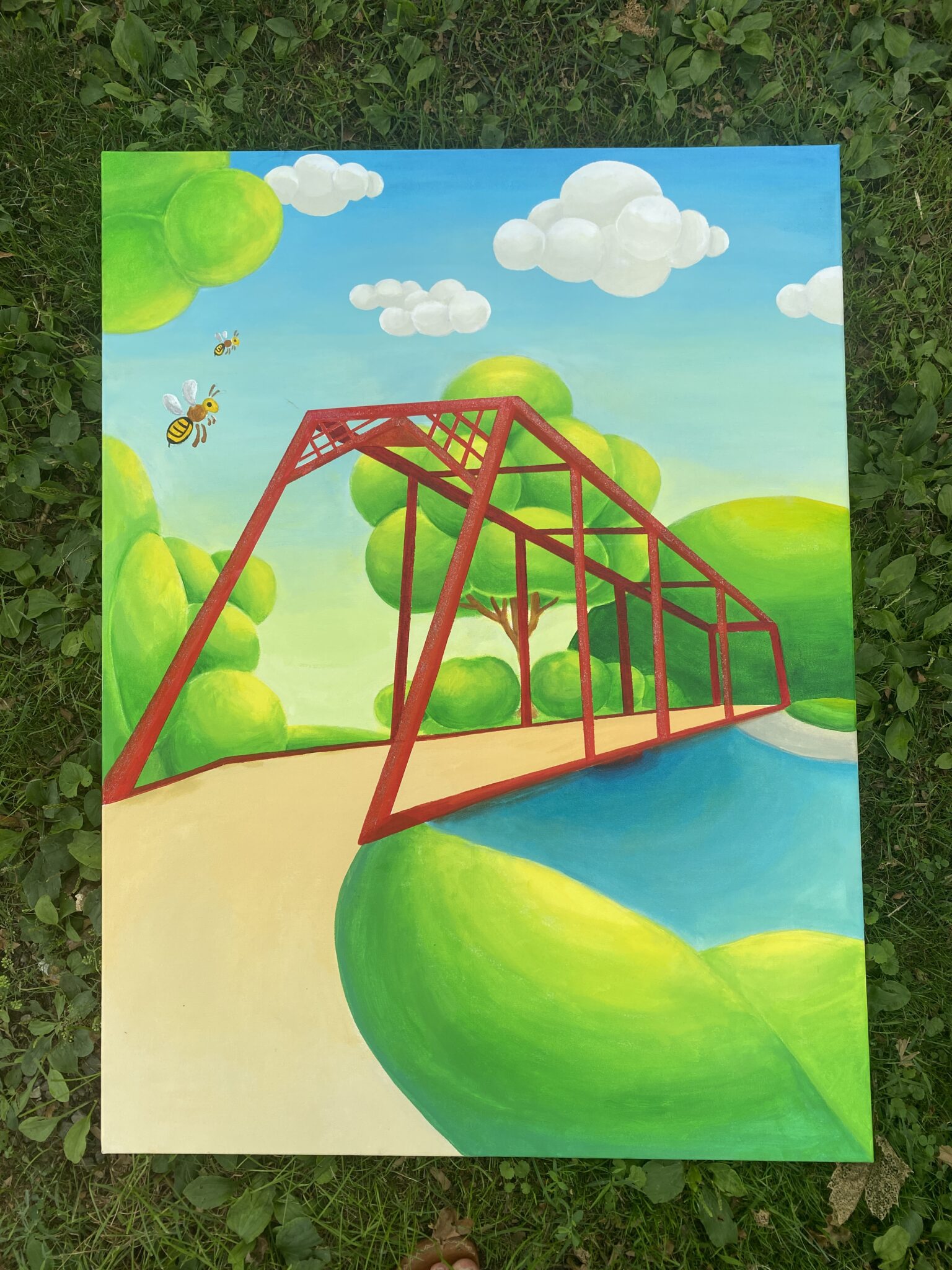 Seunga's Painting with bright colors of red bridge, path and stream