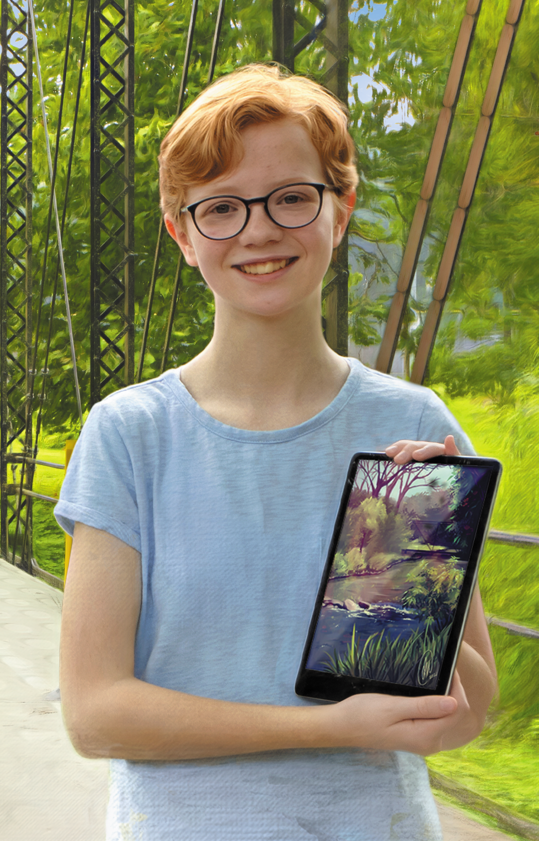 Student with her digital artwork of a bridge