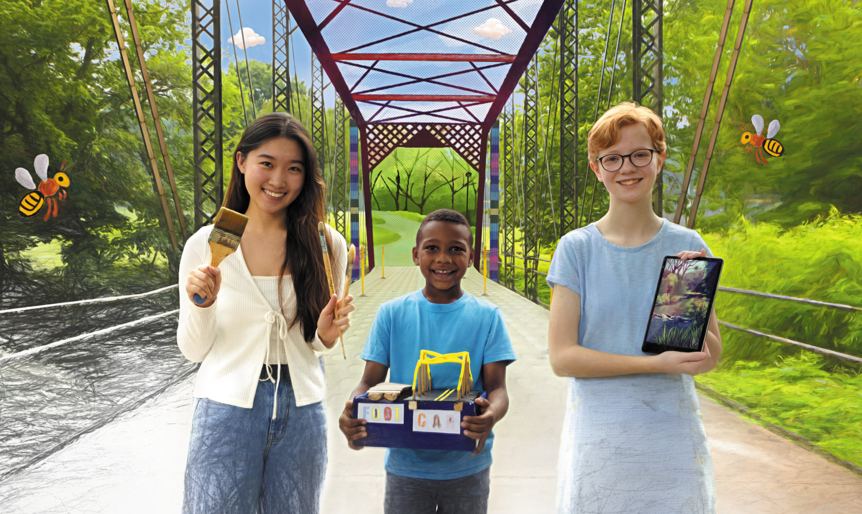 three students on bridge holding artwork or art tools