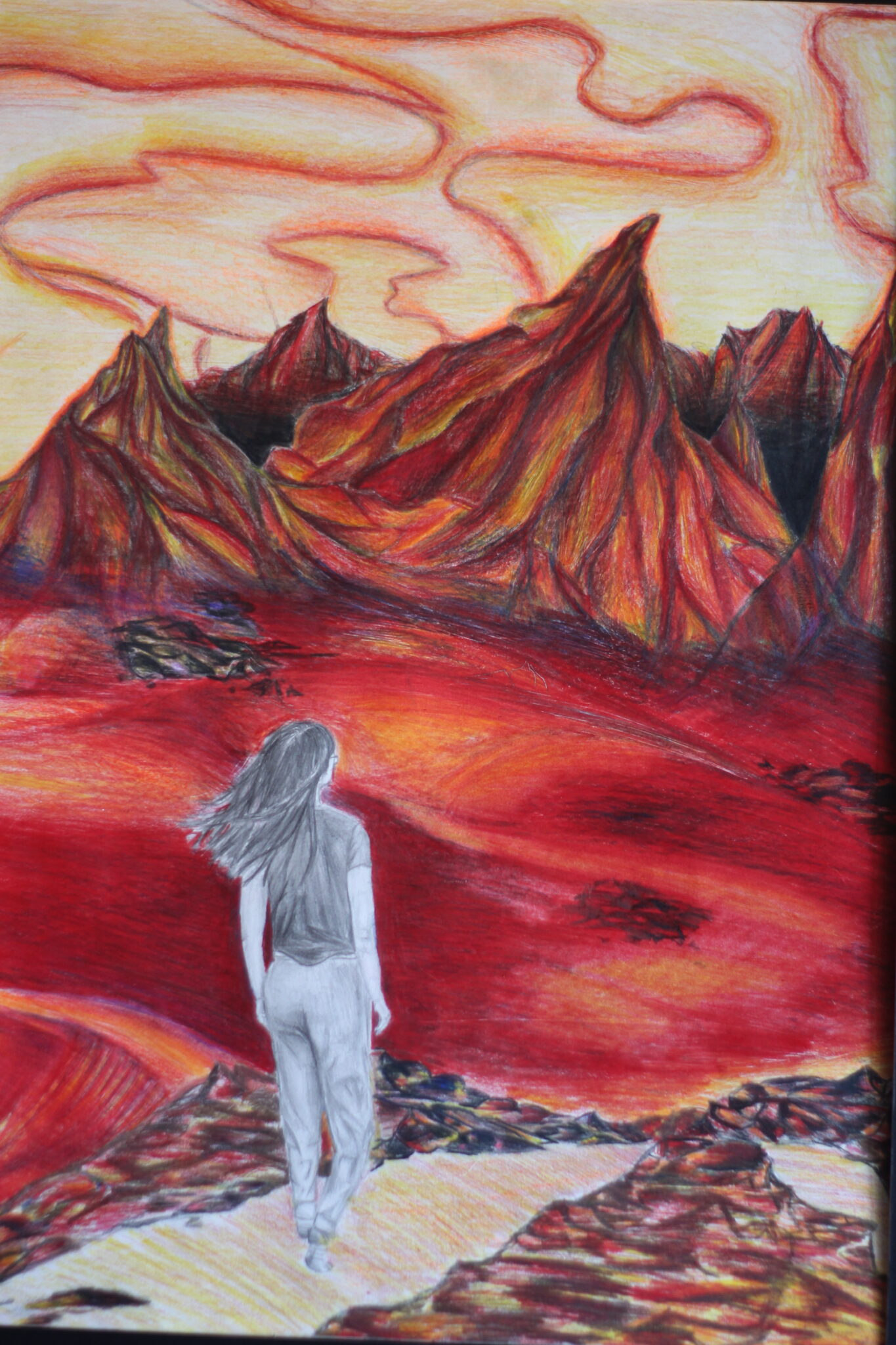 art of woman walking on red mountainous landscape