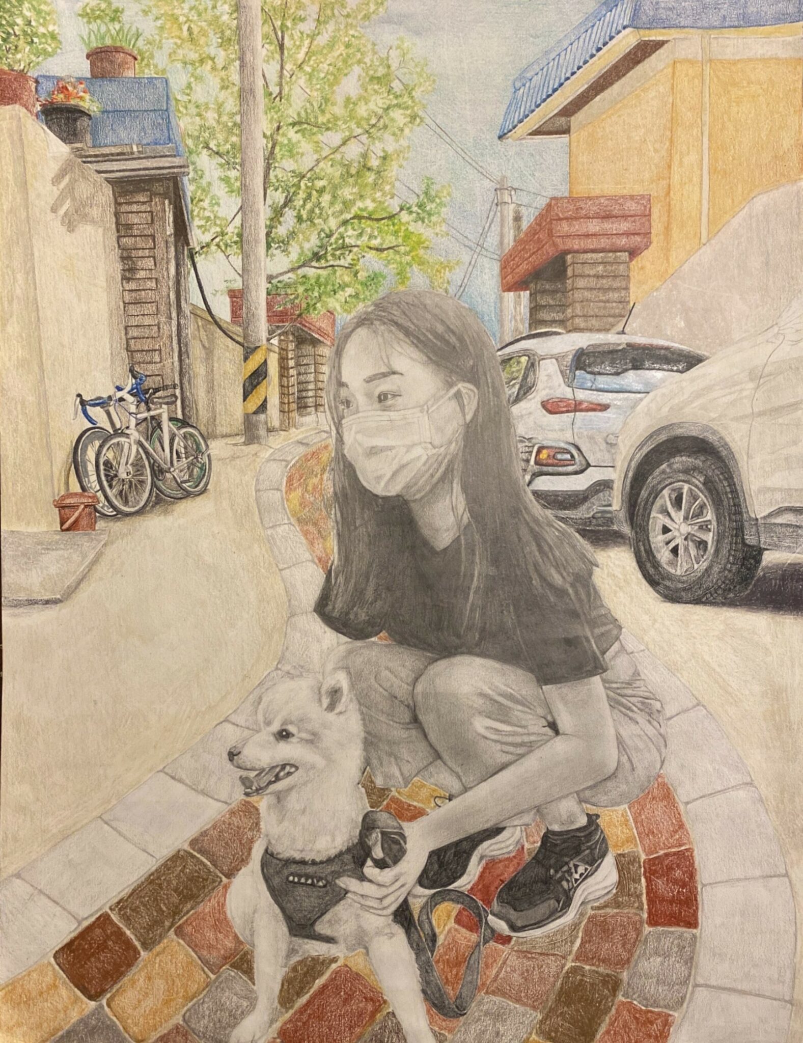 drawing with girl masked and dog in street