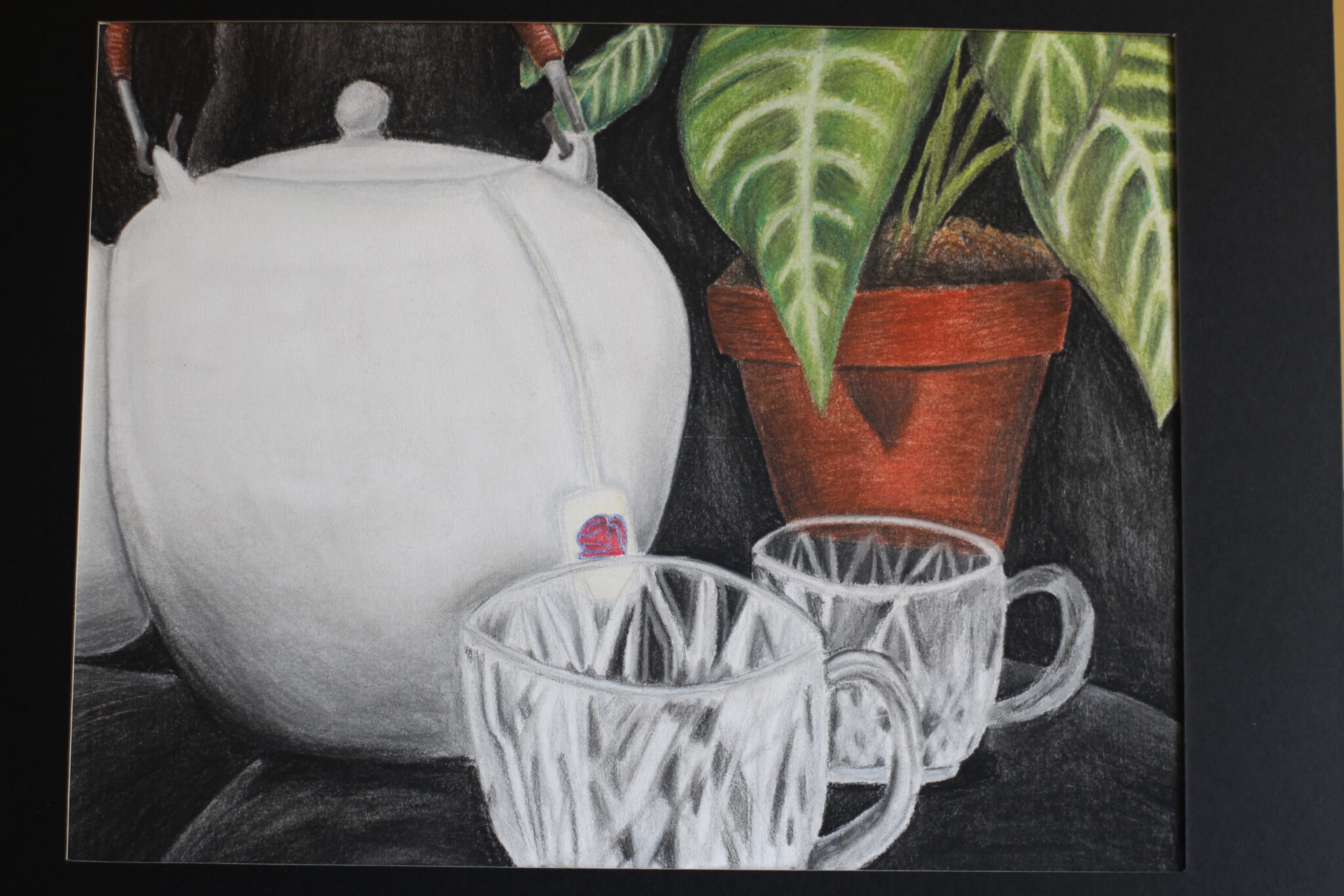 still life of white kettle and glass mugs