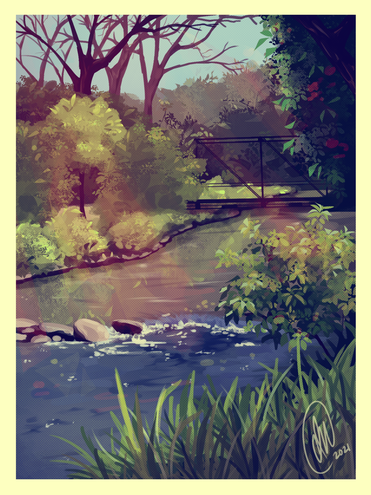 Digital painting of bridge and water