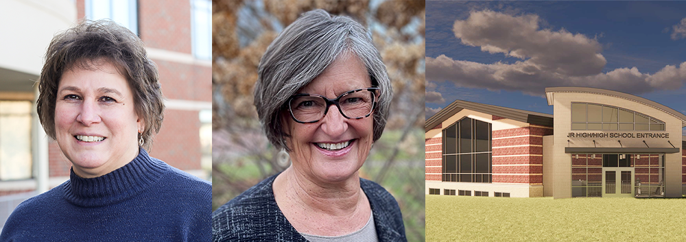 banner image of lorri hengst and elaine moyer headshots, and new hs ms office entrance rendering