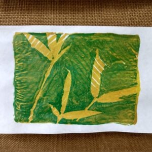 green and gold leaf monoprint is by Ezra Kauffman