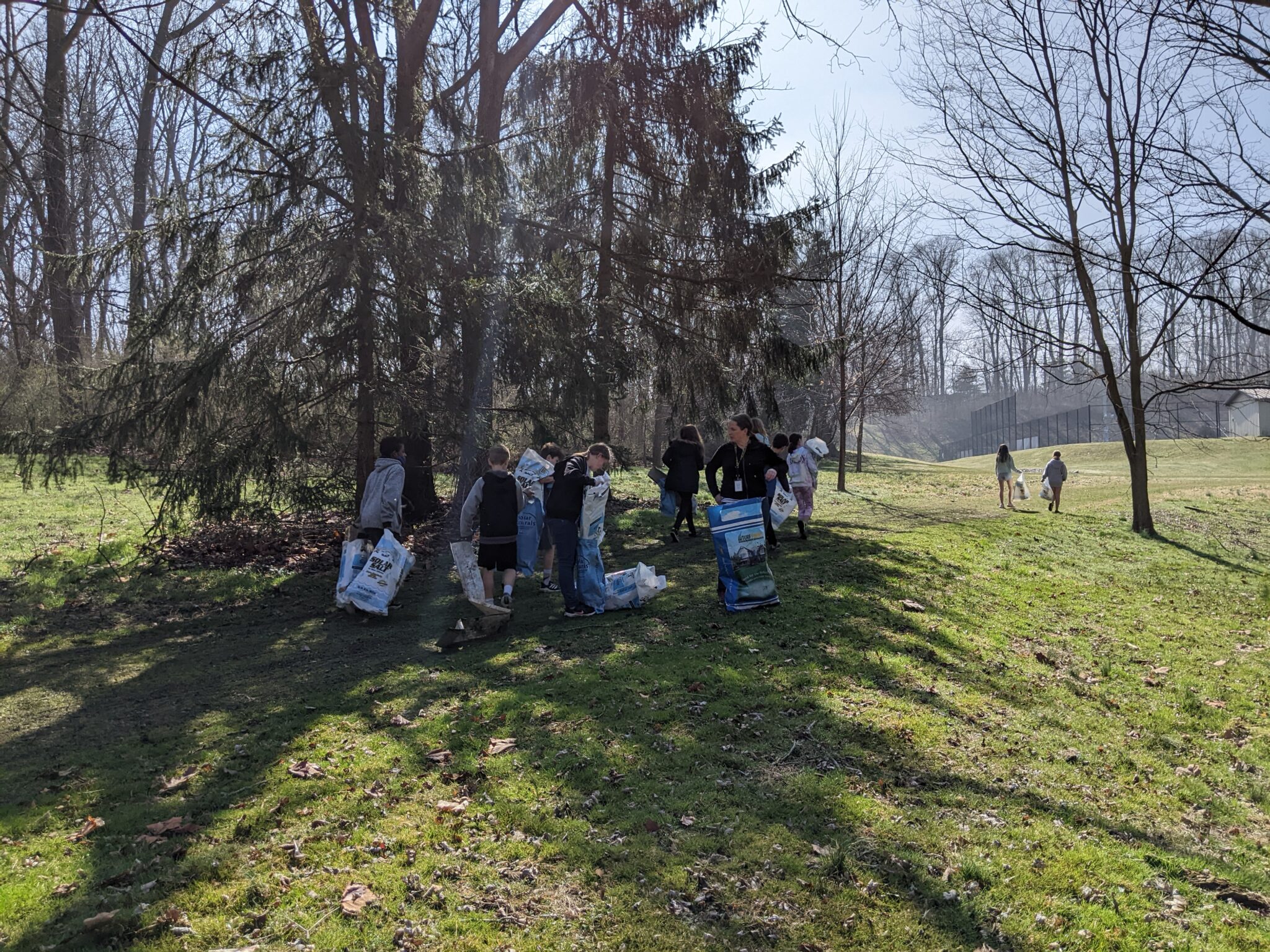 students picking up leaves