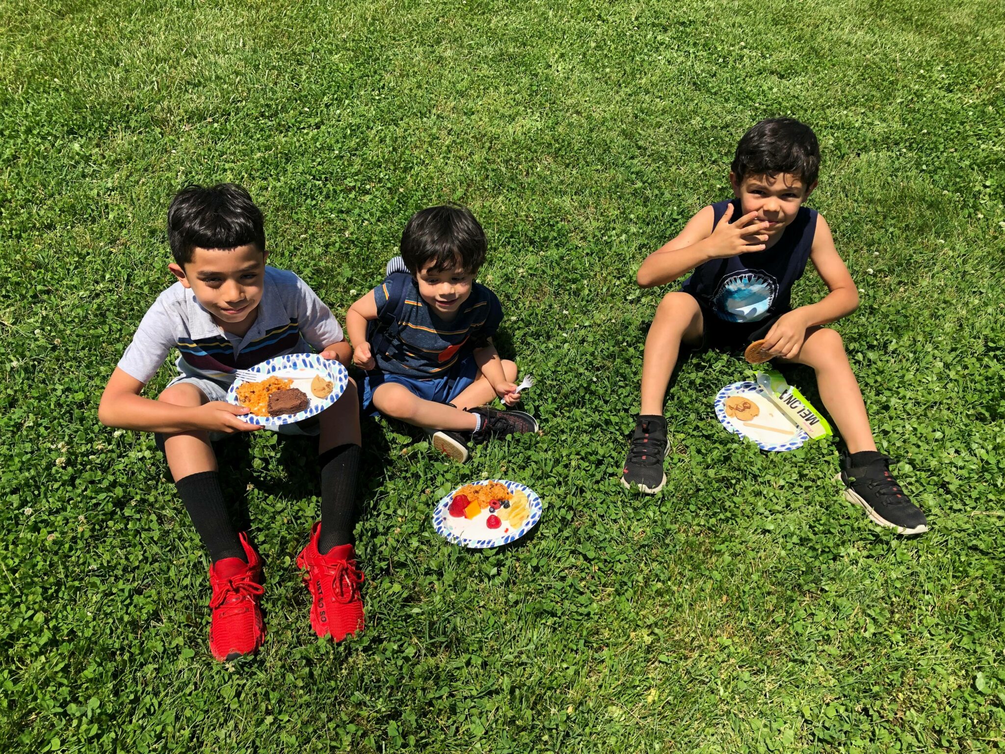 three boys eating in the grass