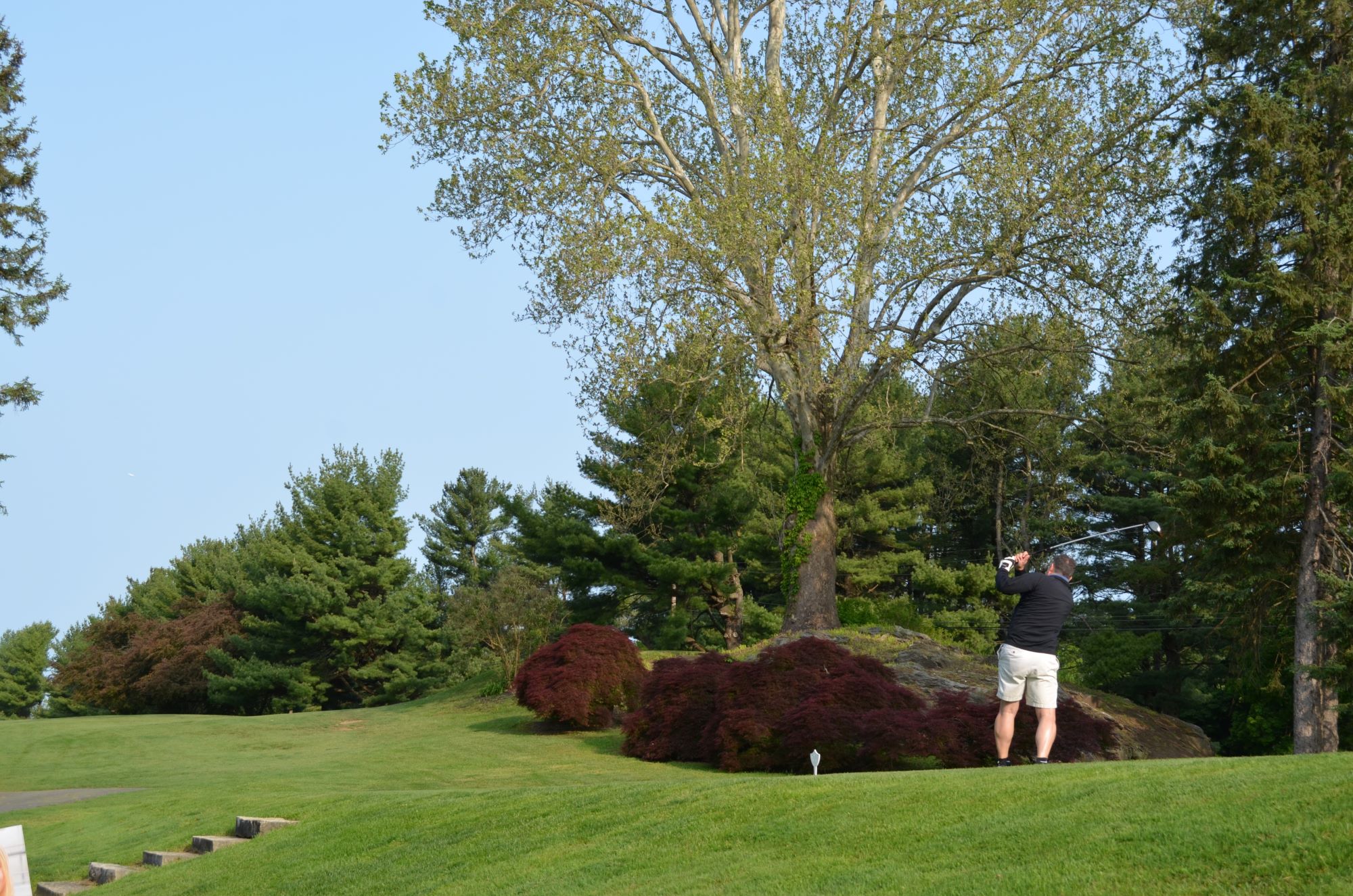 Golfer swinging his gold club.