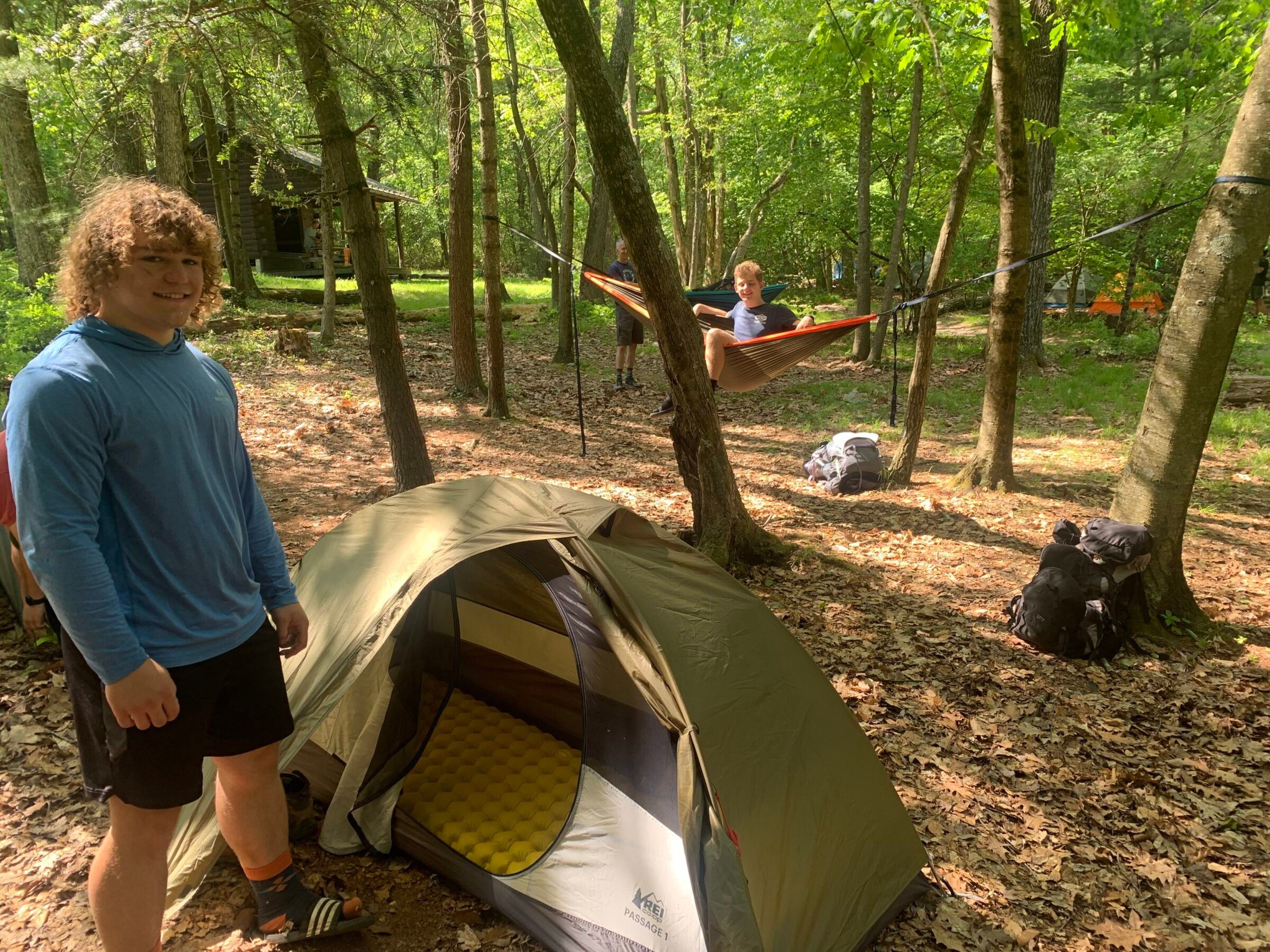 Students with their tents and hammocks
