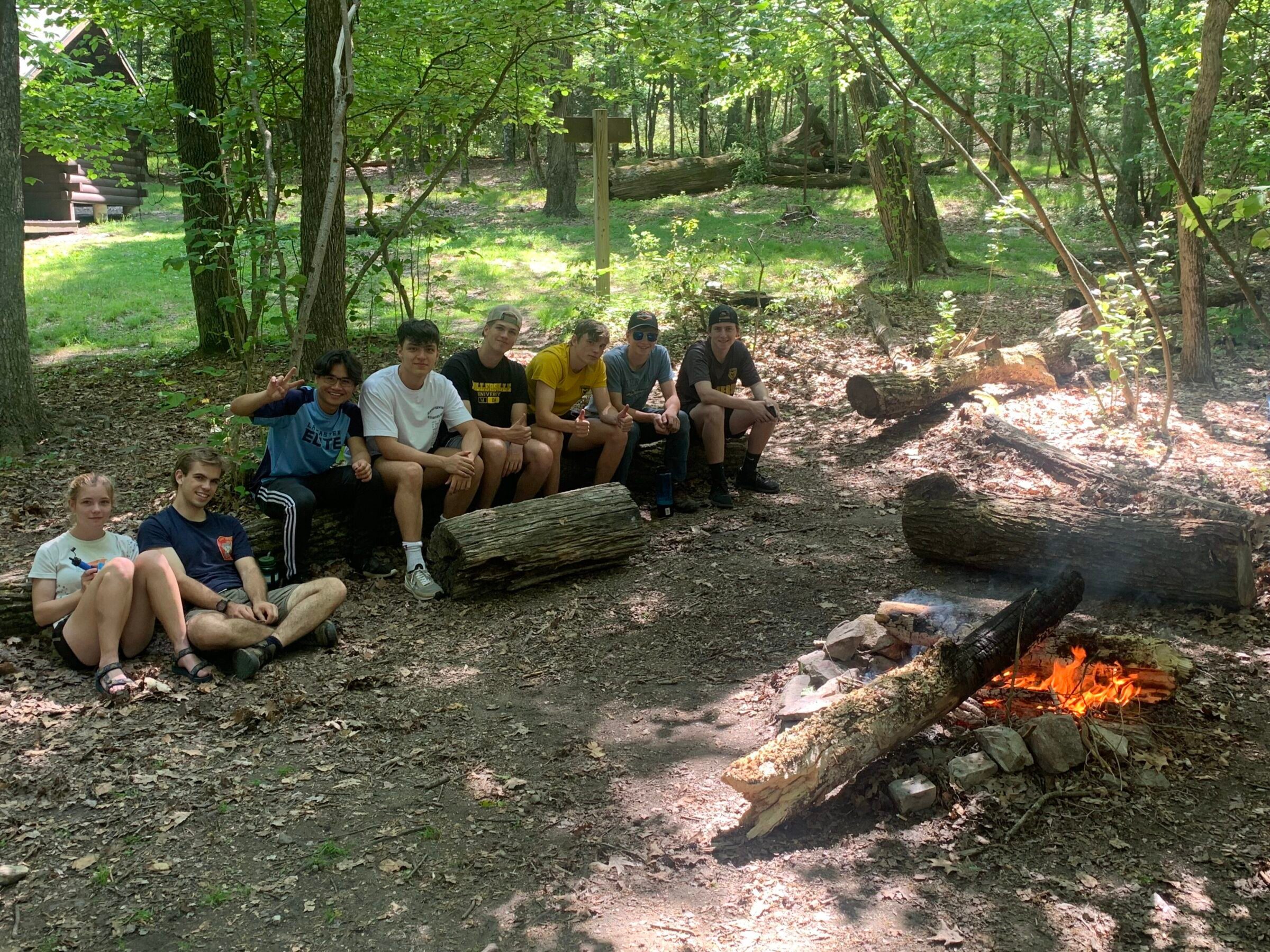 Group of students resting during their hike of the Appalachian Trail.