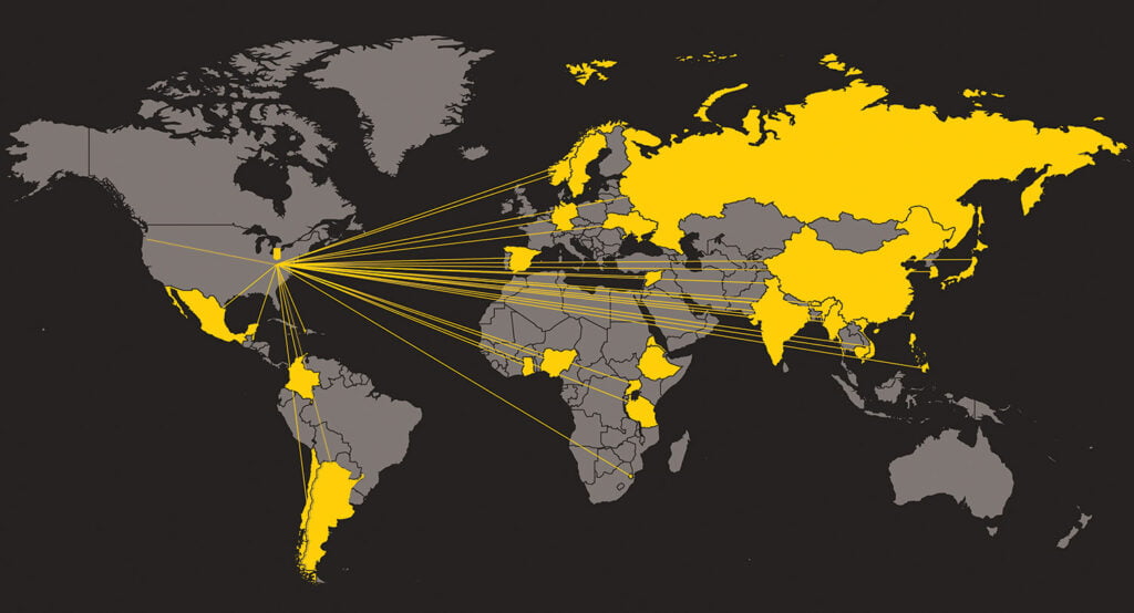 Mapa que muestra los países de todo el mundo de los que provienen los estudiantes de LM