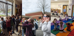 PHOTOS: (LEFT) 4TH GRADERS IN MRS. MADDOX’ CLASS VIEWING ECLIPSE WITH SPECIAL GLASSES.(MIDDLE) MIDDLE SCHOOLERS VIEW THE ECLIPSE. (RIGHT) PREK STUDENTS PRACTICE USING ECLIPSE GLASSES.