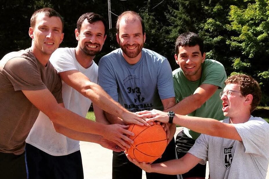 PLAYING BASKETBALL AT THE GROFF’S CABIN. LEFT TO RIGHT: JUSTIN WEAVER, JON HEINLY, ADRIAN GROFF, JARED NISSLEY, AND JOSH HYKES.